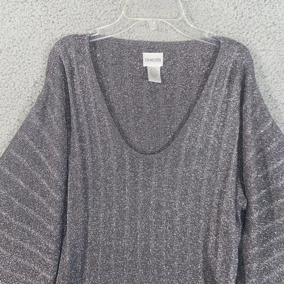 Chico's Top Womens 2 Gray Glitter V Neck Knit Batwing Sleeve Casual Blouse - Picture 2 of 11
